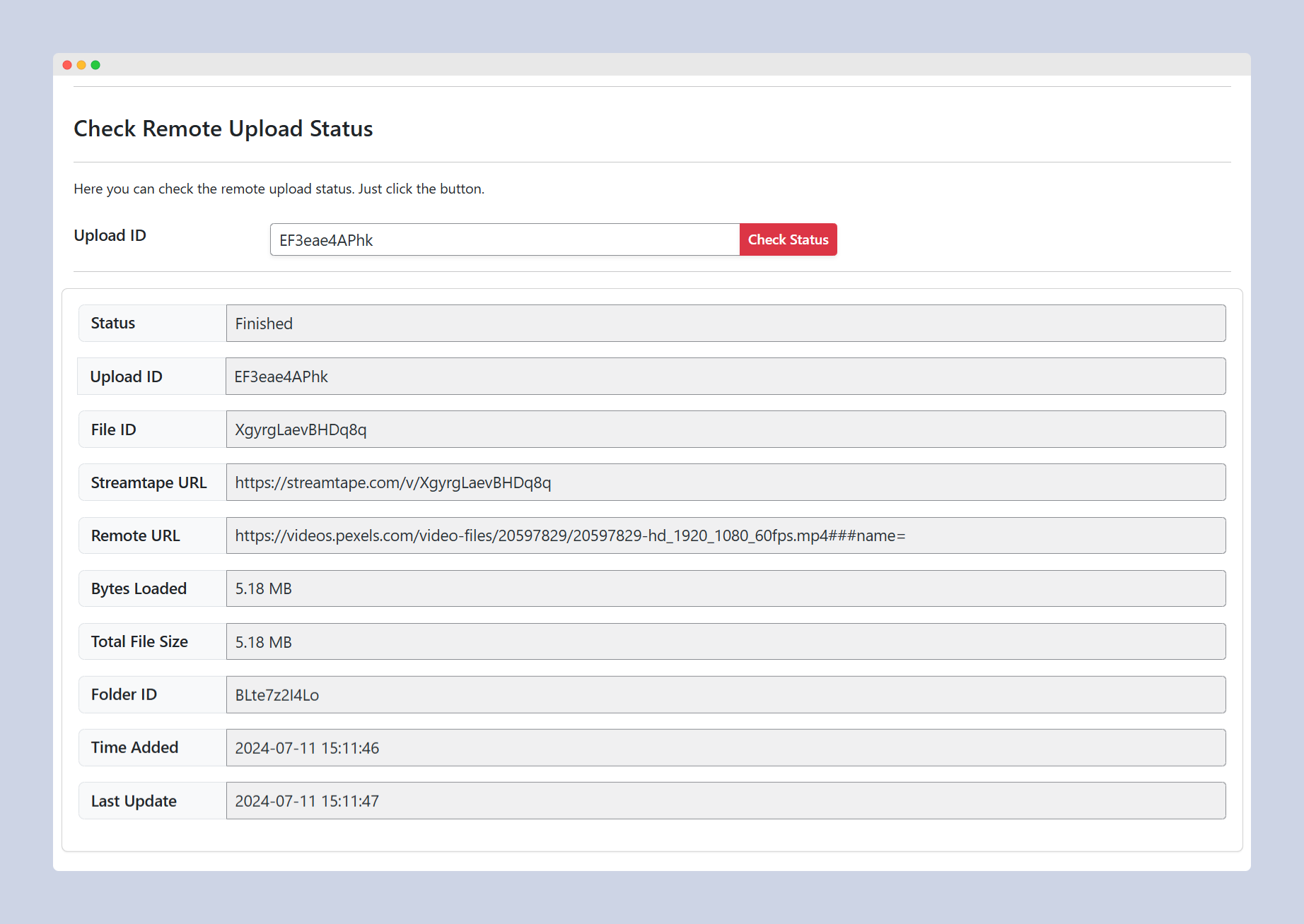 WPStape Streamtape Remote Upload Status