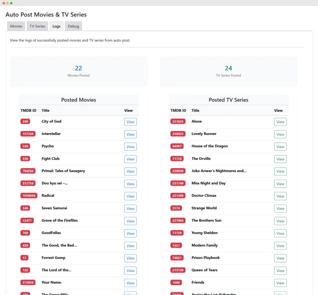 Auto Post Movies & TV Series Logs