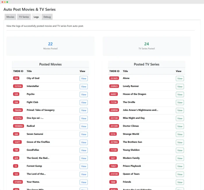 Auto Post Movies & TV Series Logs