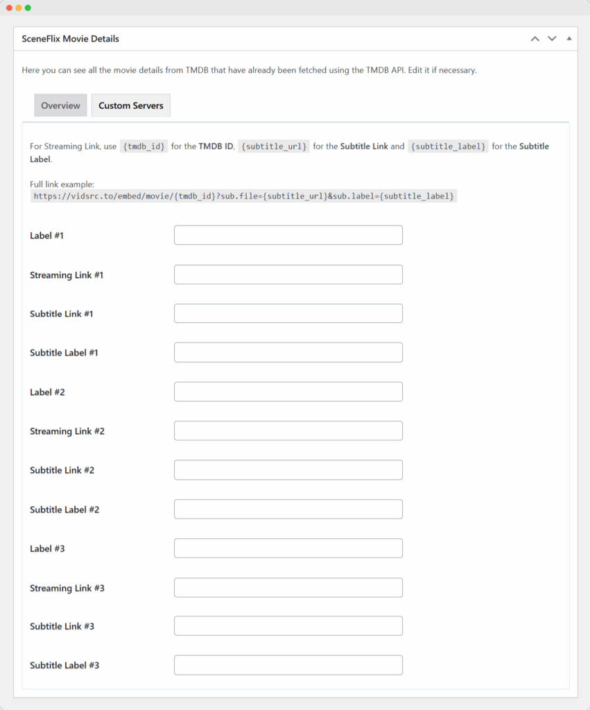 SceneFlix Movie Streaming Custom Servers Metabox
