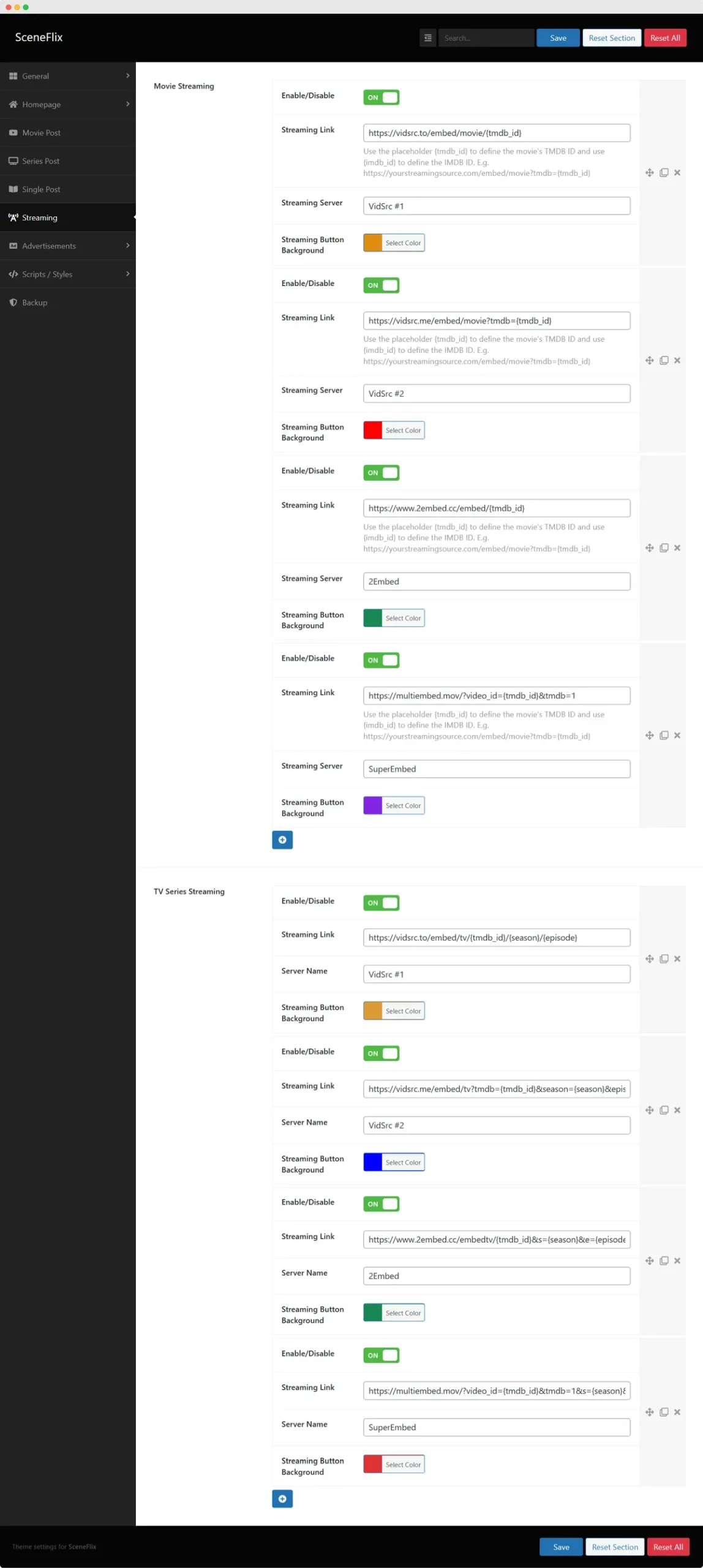 SceneFlix Theme Control for Streaming Links