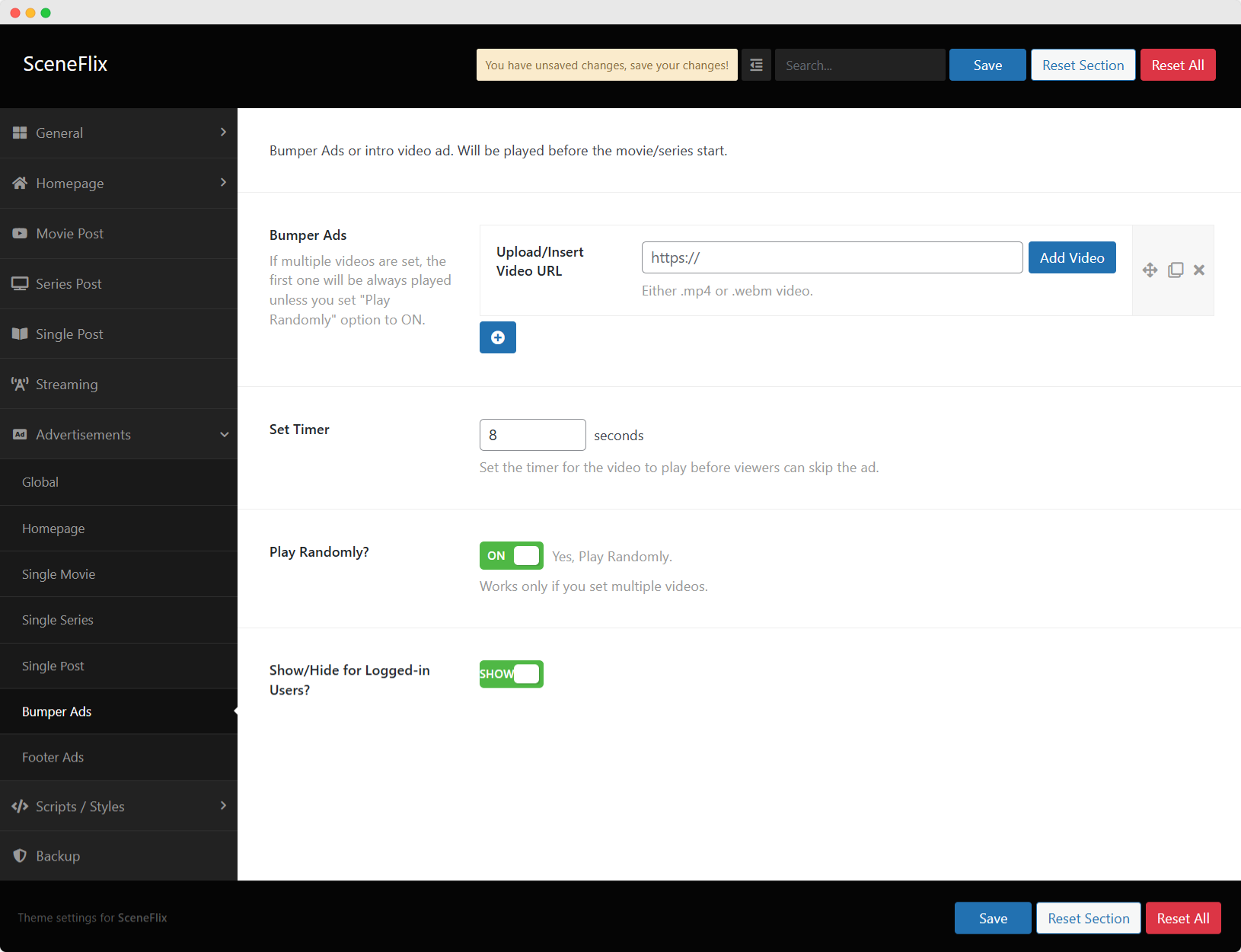 SceneFlix Theme Options Advertisements Bumper Ads Settings