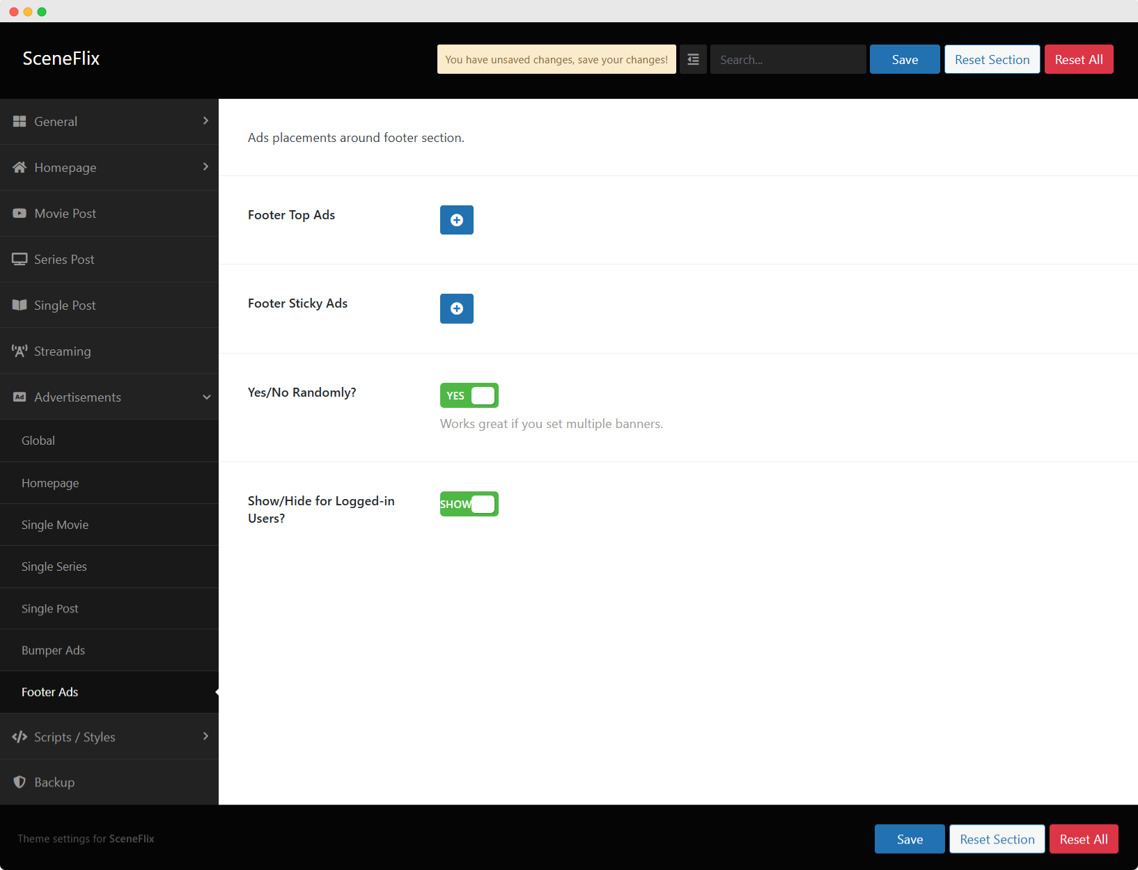SceneFlix Theme Options Advertisements Footer Ads Settings