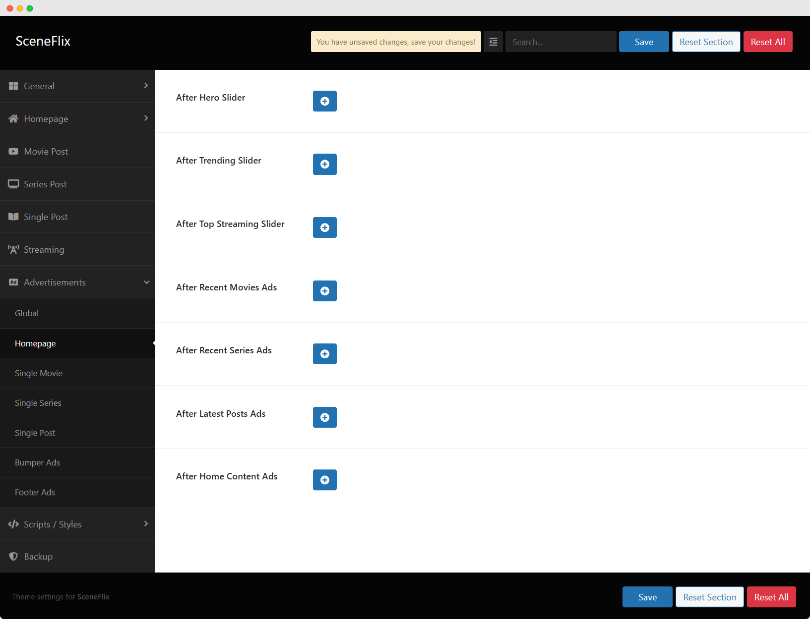 SceneFlix Theme Options Advertisements Homepage Ads Settings