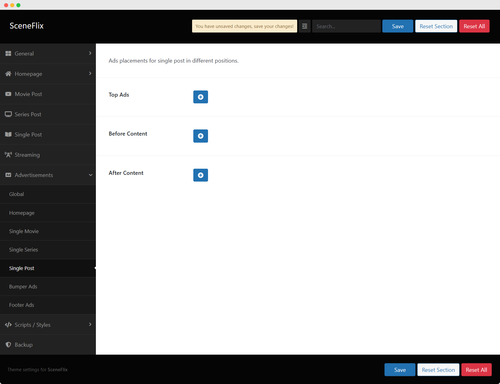 SceneFlix Theme Options Advertisements Single Post Ads Settings