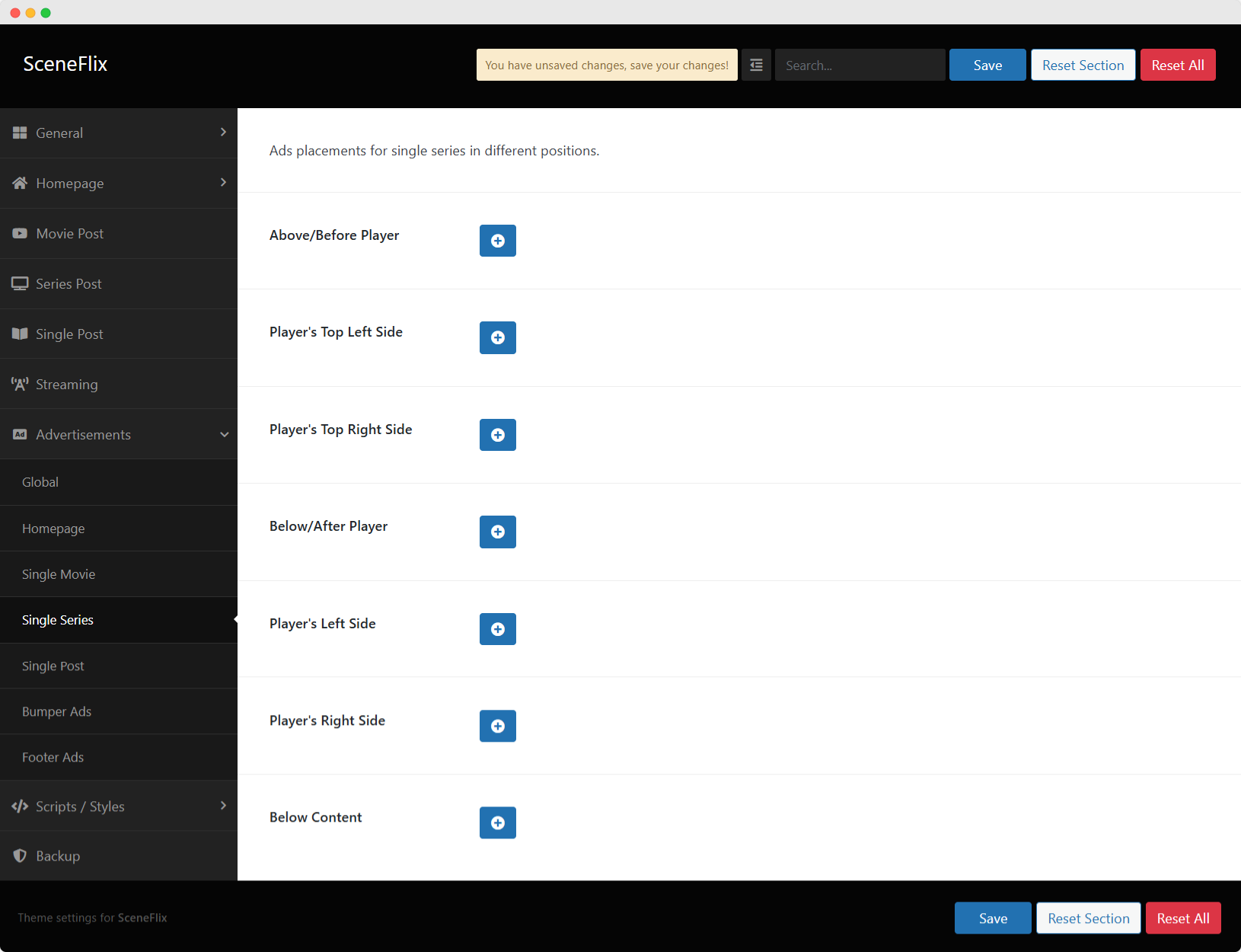 SceneFlix Theme Options Advertisements Single Series Ads Settings