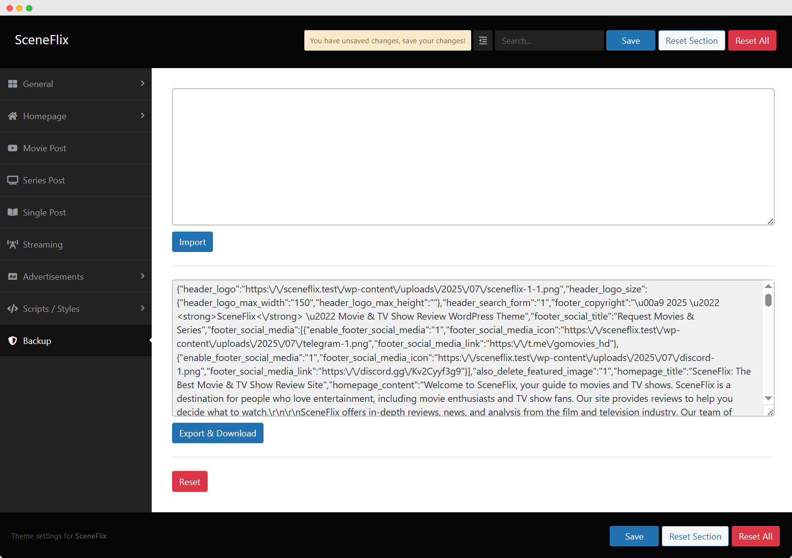 SceneFlix Theme Options Backup Settings