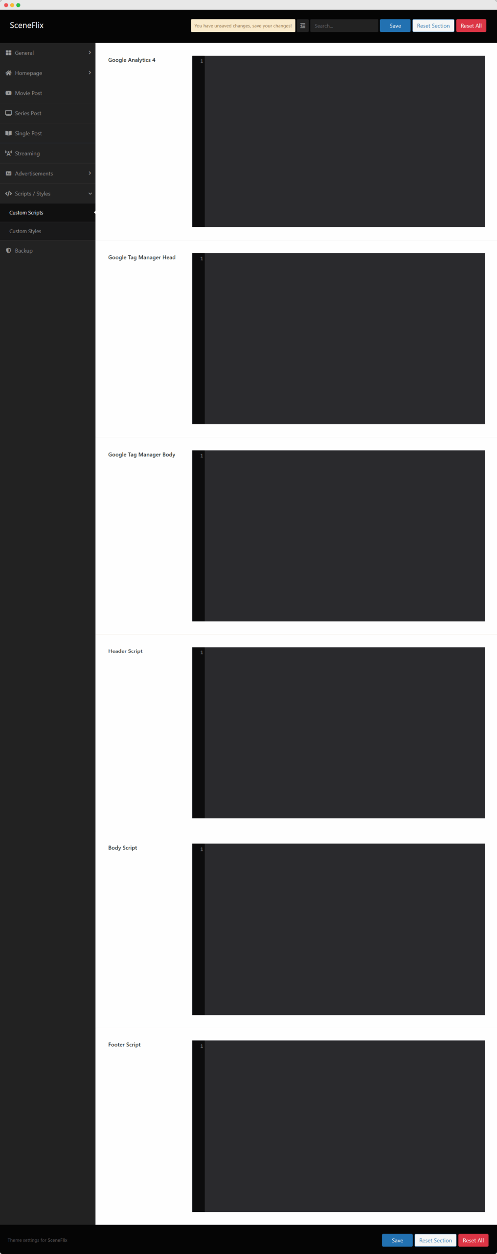 SceneFlix Theme Options Custom Scripts Settings