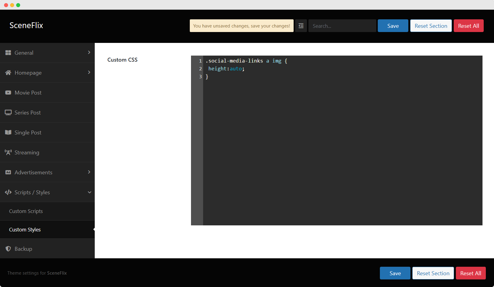 SceneFlix Theme Options Custom Styles Settings