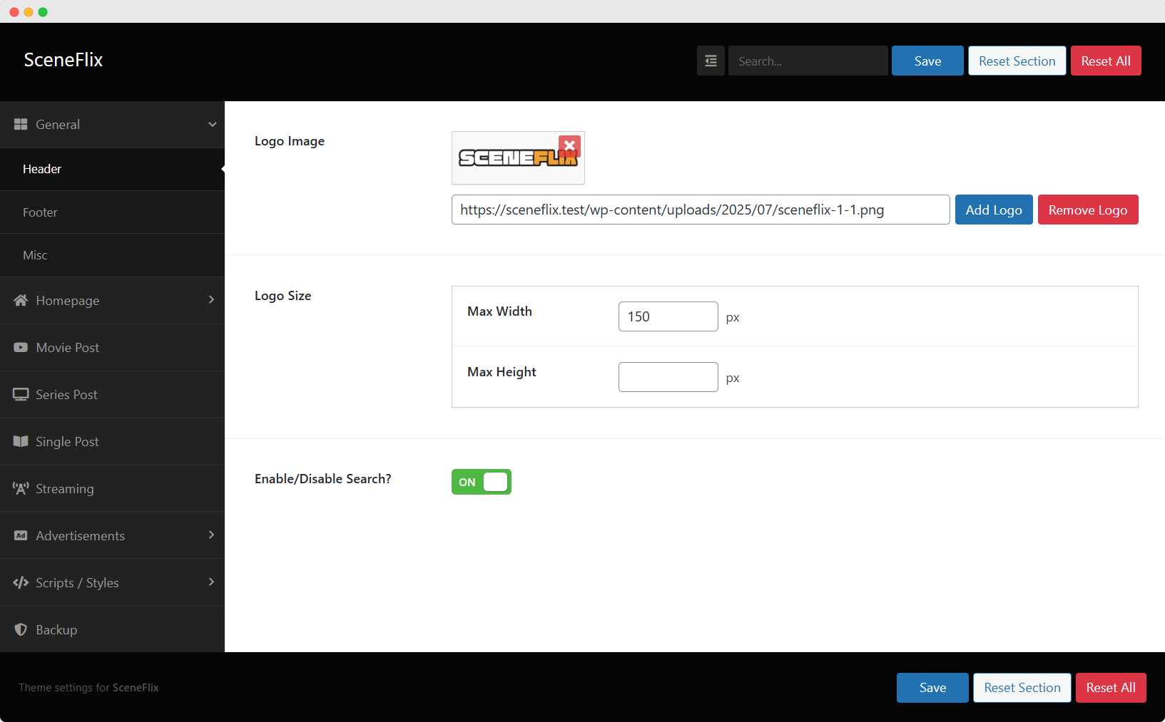 SceneFlix Theme Options General Header Settings