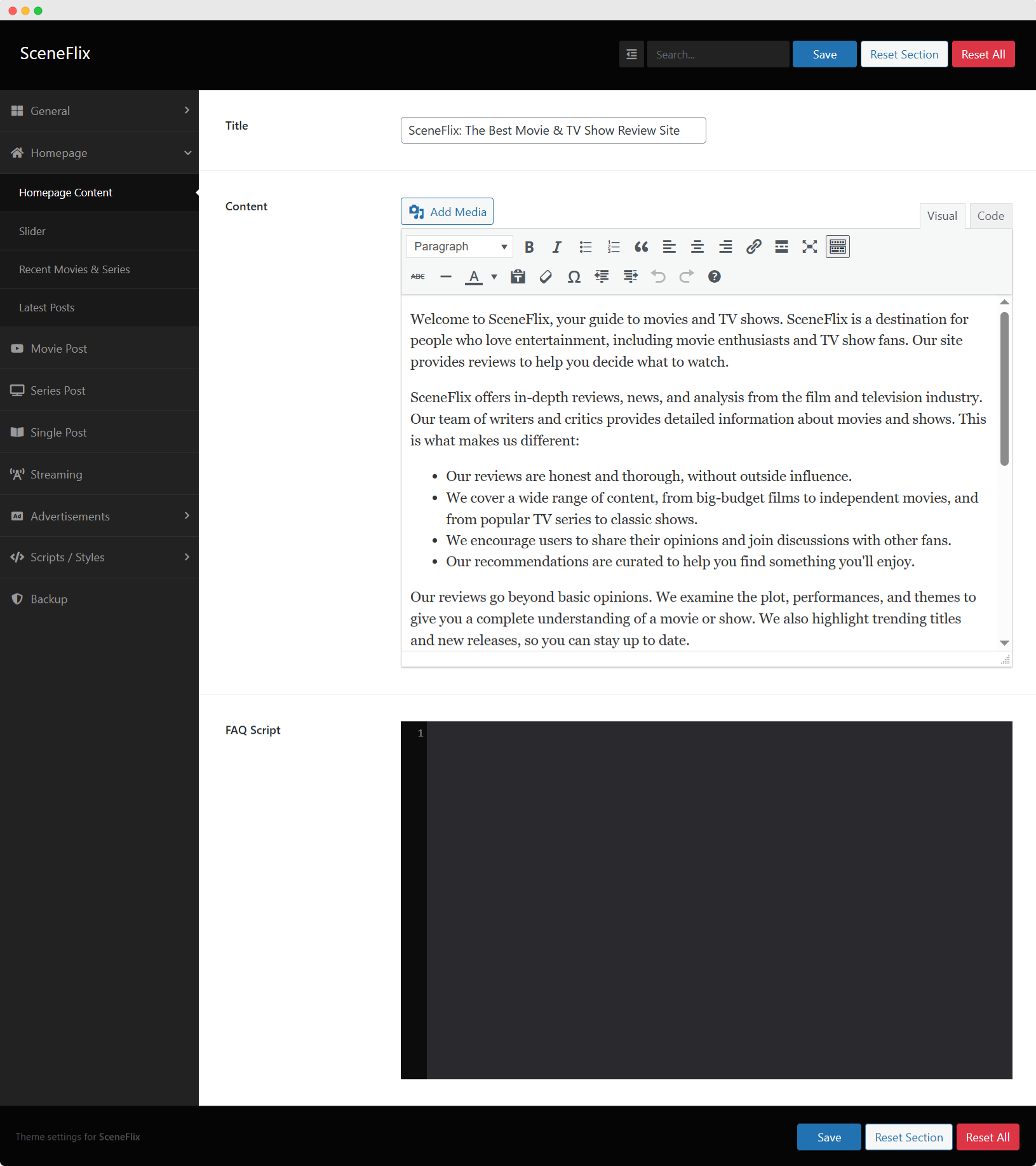 SceneFlix Theme Options Homepage Content Settings