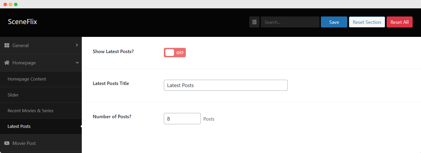 SceneFlix Theme Options Homepage Latest Posts Settings