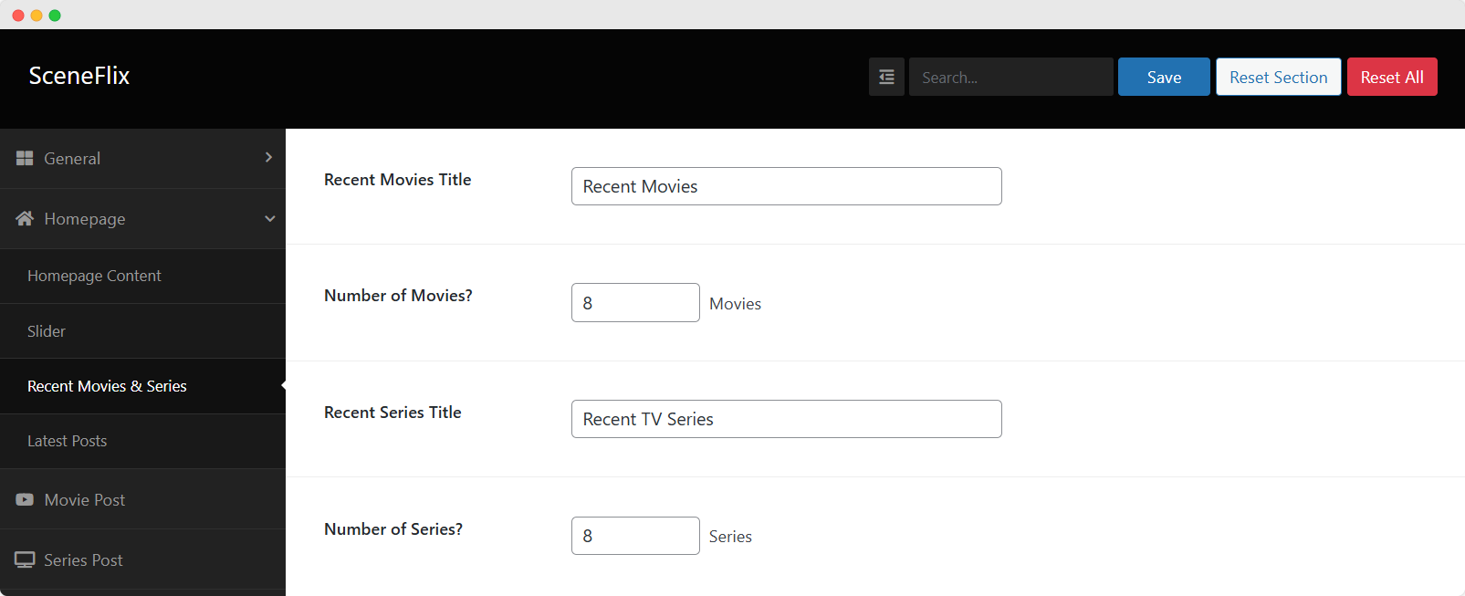 SceneFlix Theme Options Homepage Recent Movies and Series Settings