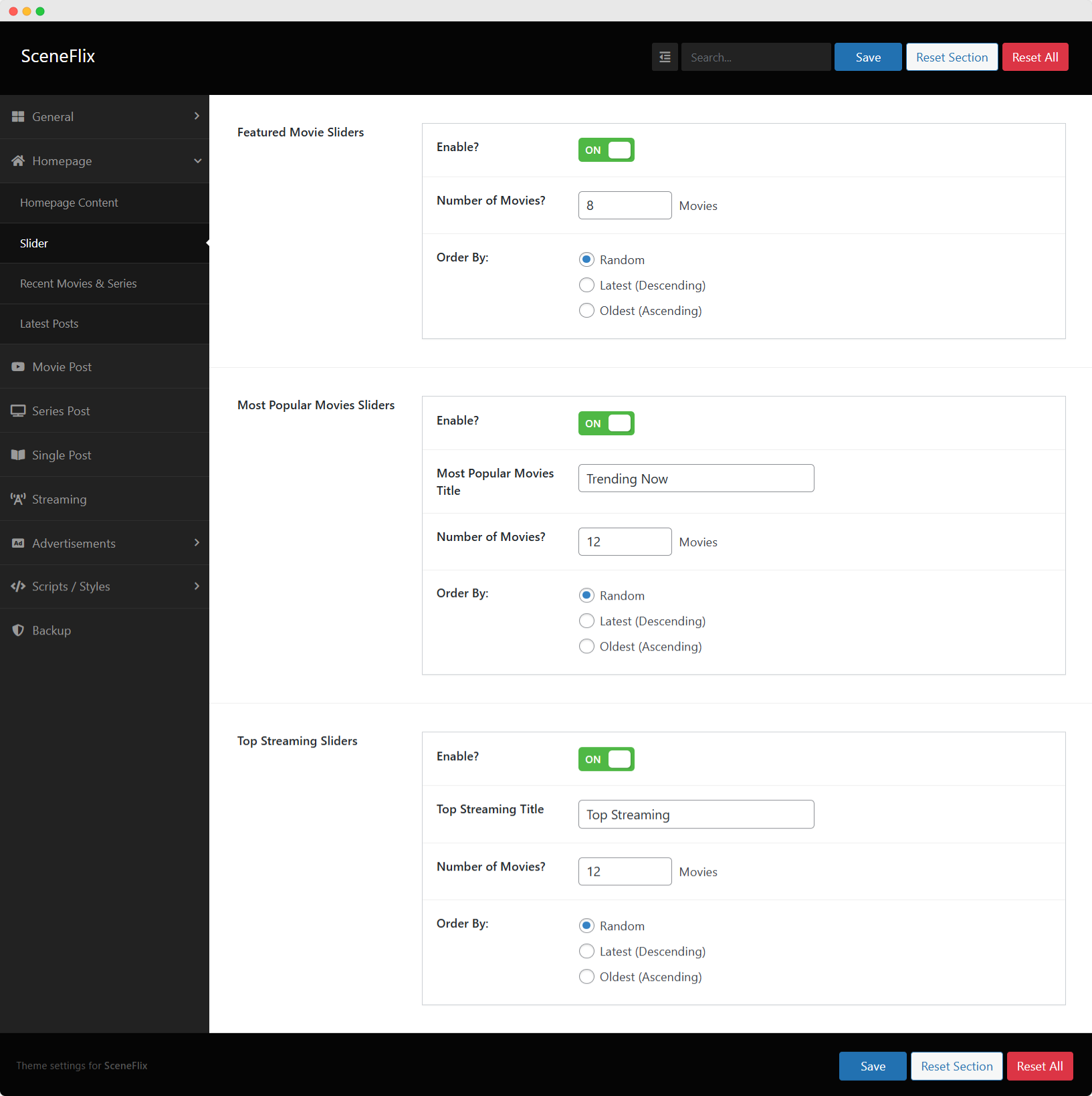 SceneFlix Theme Options Homepage Slider Settings