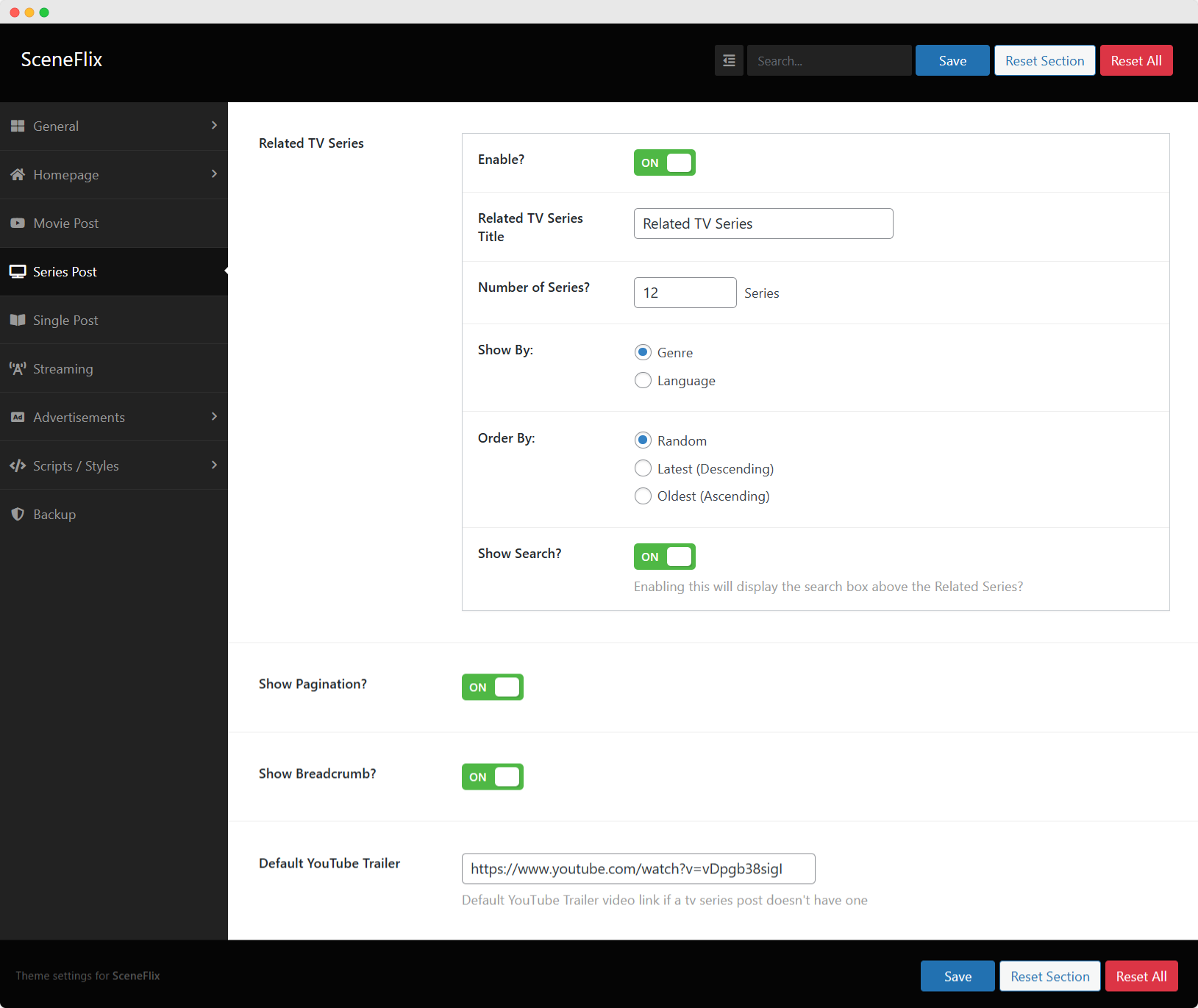 SceneFlix Theme Options Series Post Settings