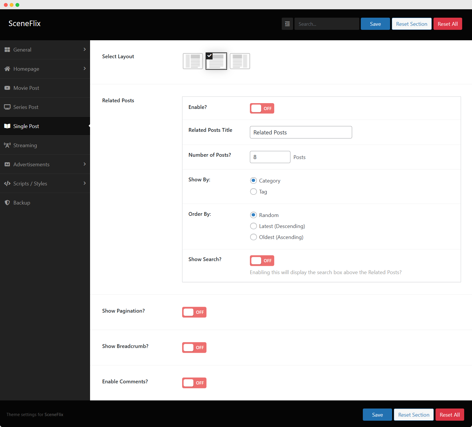 SceneFlix Theme Options Single Post Settings