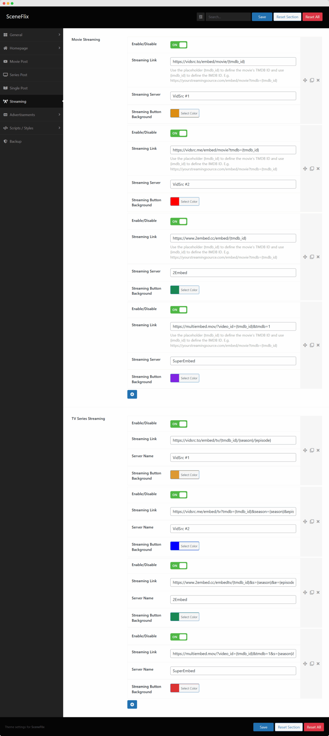 SceneFlix Theme Options Streaming Settings
